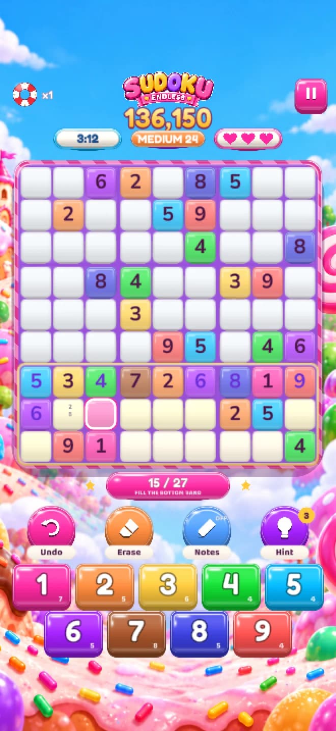 Sudoku Endless gameplay with colored number tiles, a band timer, three hearts and a two-row keypad